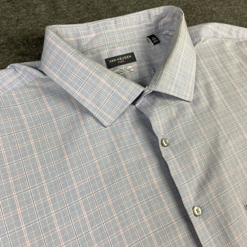 Van Heusen Flex Wrinkle Free Dress Shirt Plaid 19 37/38 Tall Blue Pink Purple